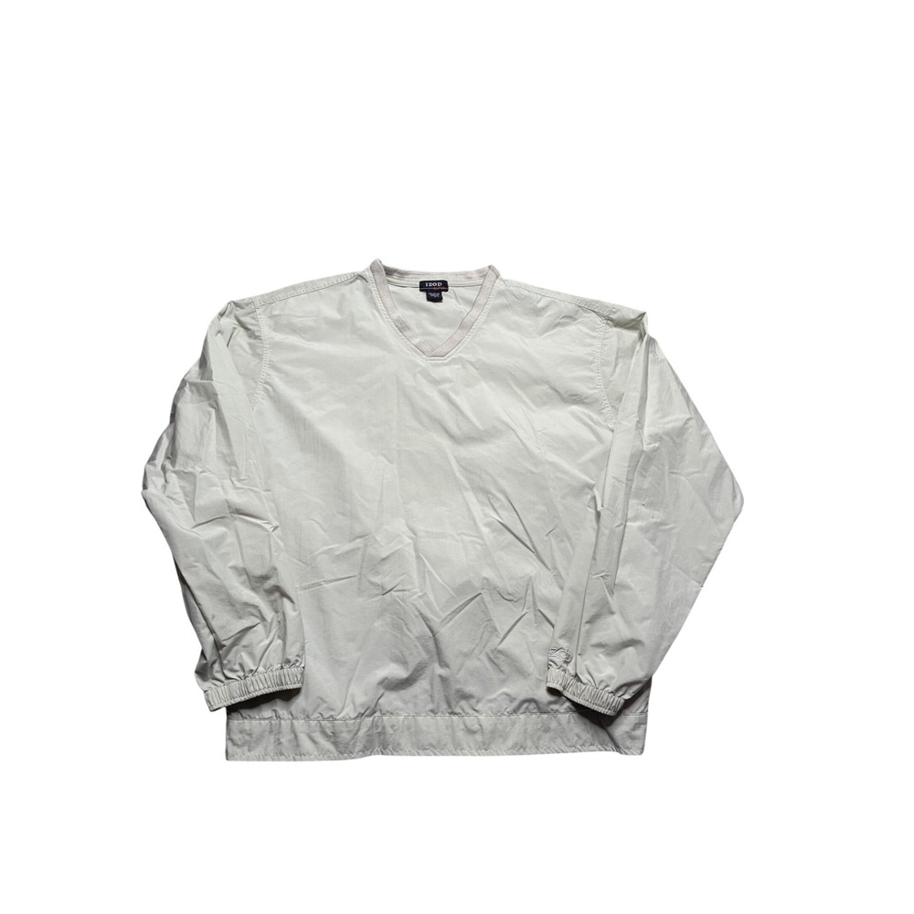 VTG IZOD Golf Pullover Windbreaker Jacket‎ Beige Nylon V-Neck Long Sleeve Size L